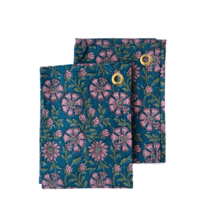 Theedoeken blauw met roze bloemen en bladeren