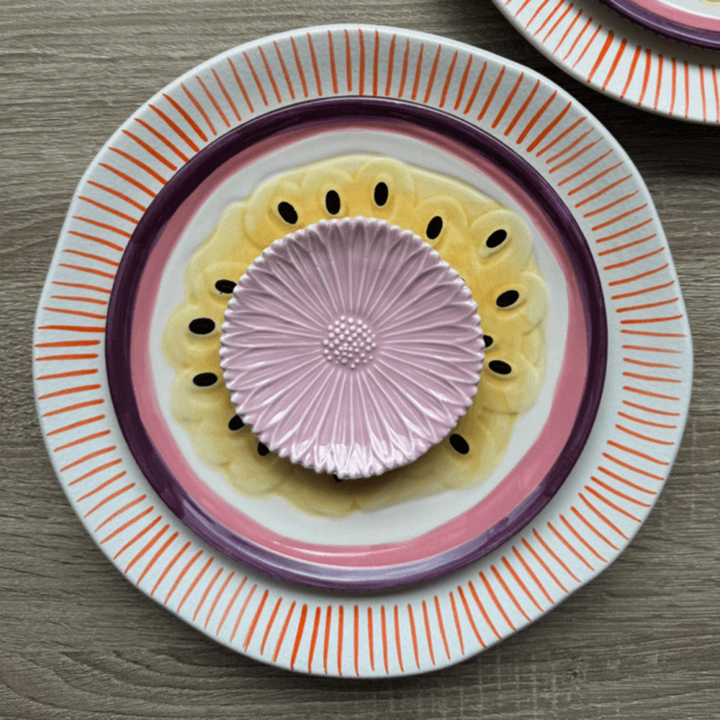 serviesset roze oranje passievrucht