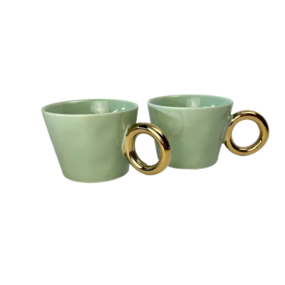 Groene mokken met gouden oor - handgemaakt keramiek cadeau